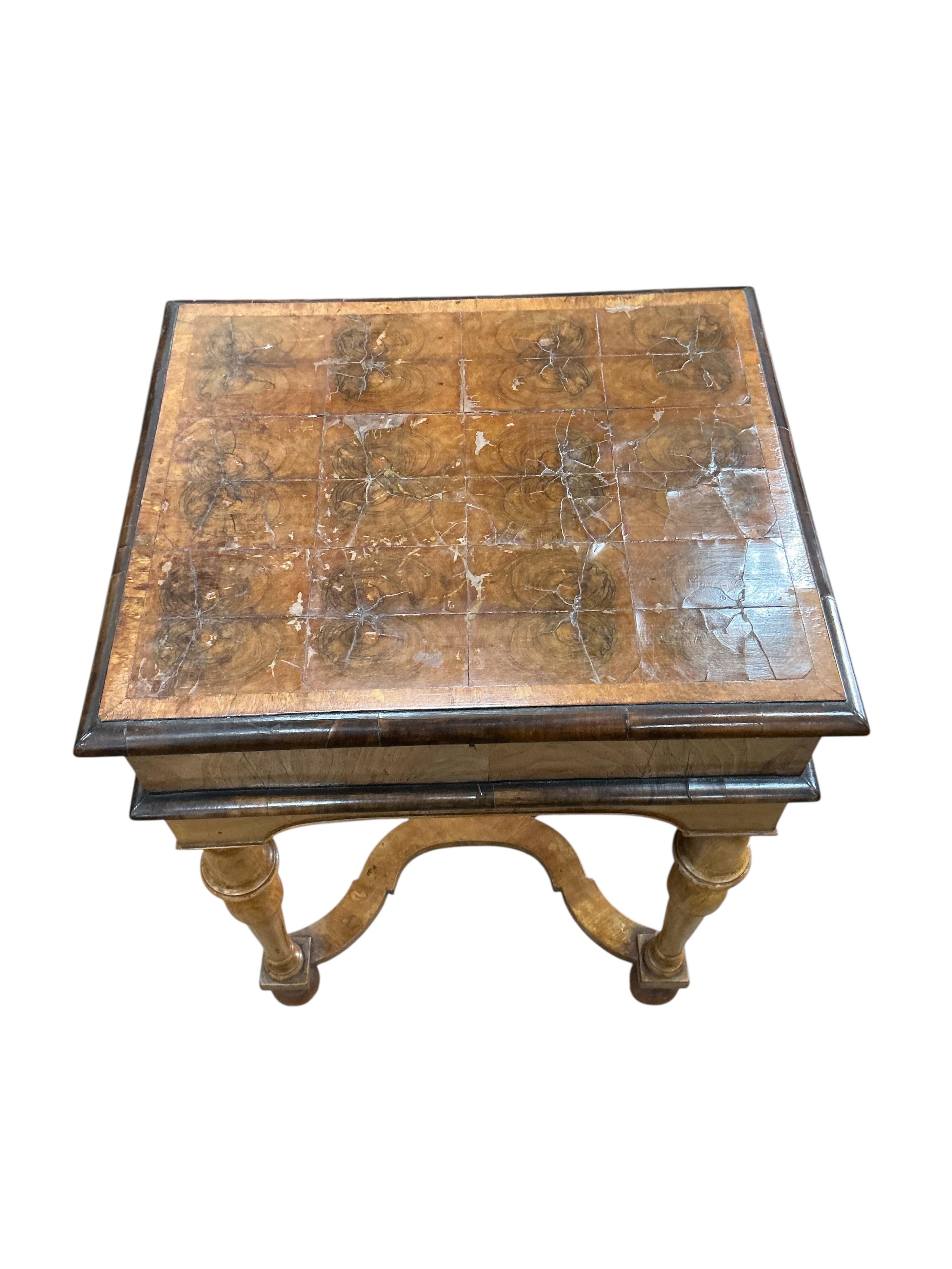 A William and Mary style walnut and oyster veneered box on stand, width 49cm, depth 43cm, height 69cm